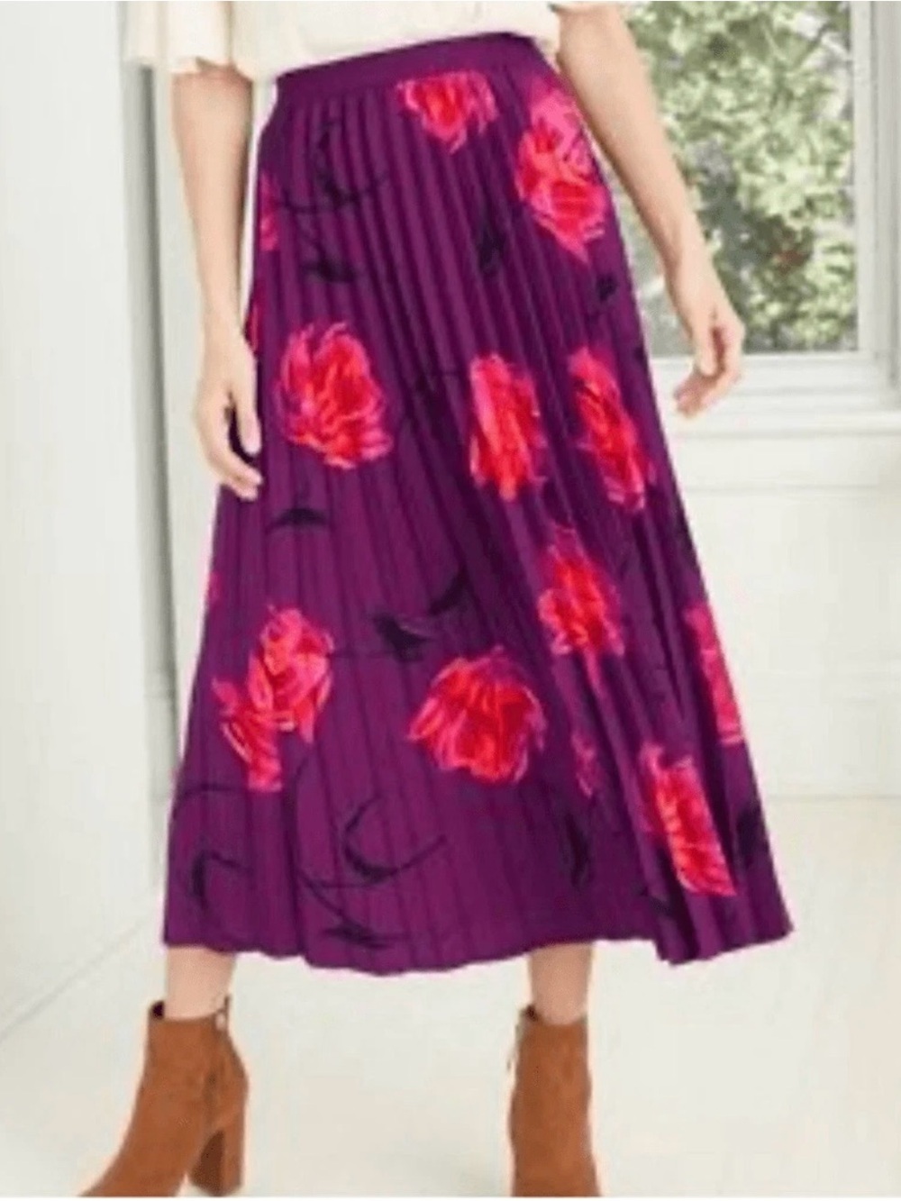 a new day Purple Pleated Midi Skirt with Red Floral Print